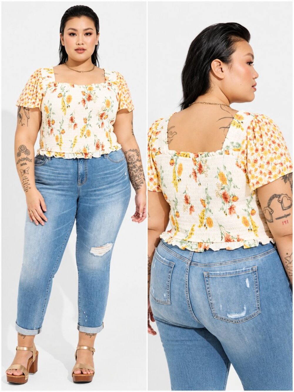Torrid Smocked Floral Crop Top Warm Sunset Flutter Sleeve 5X 28 NWT